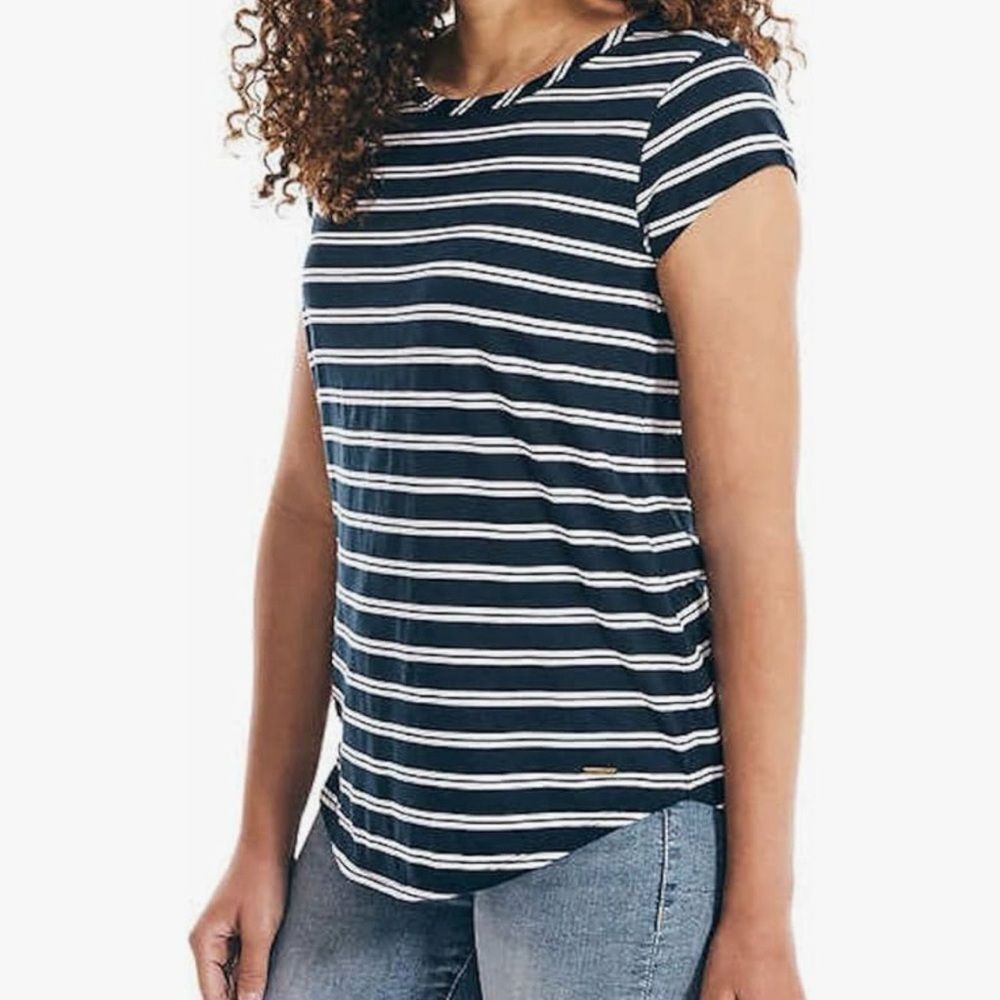 Nautica Blue and White Stripe Short Sleeve Slub Tee Shirt T-Shirt Top Size XXL
